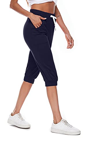 Ietaoo Jogginghose Damen 3/4 Sporthose Trainingshose Sommer Baumwolle Caprihose Sweathose Laufhose Freizeithose Sport Fitness Yoga Hose Navy Blau M von Ietaoo