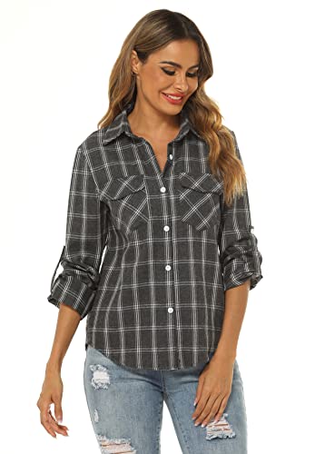 Ietaoo Karierte Bluse Damen Karohemd Langarmshirt Casual Boyfriend Hemd Oberteile Button Down Hemdbluse Plaid Shirt Top Grau XXL von Ietaoo