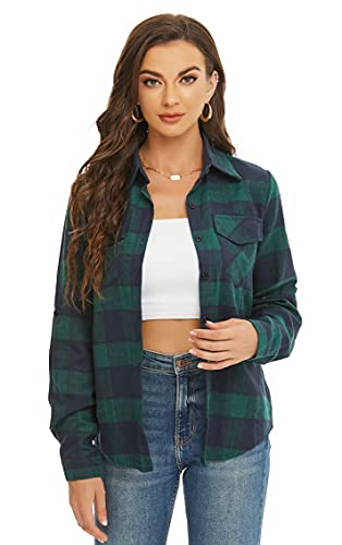 Ietaoo Karierte Bluse Damen Karohemd Langarmshirt Casual Boyfriend Hemd Oberteile Button Down Hemdbluse Plaid Shirt Top Grün Navy L von Ietaoo