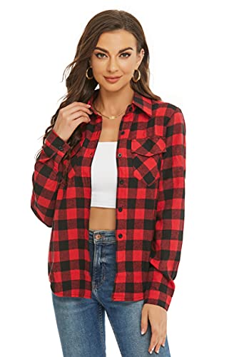 Ietaoo Karierte Bluse Damen Karohemd Langarmshirt Casual Boyfriend Hemd Oberteile Button Down Hemdbluse Plaid Shirt Top Rot Schwarz XXL von Ietaoo