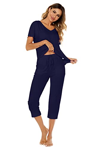 Ietaoo Schlafanzug Damen Kurz Pyjama Sommer Kurzarm T-Shirt und 3/4 Pyjamahose Nachtwäsche Baumwolle Hausanzug Schlafanzug Zweiteilige Jogginganzug Navy Blau L von Ietaoo