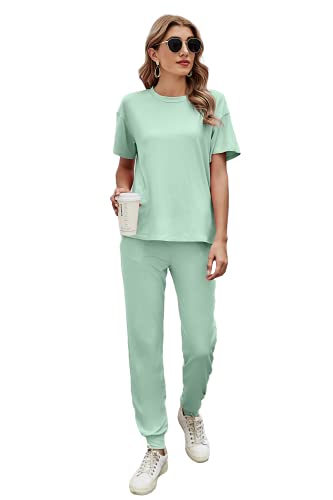 Ietaoo Schlafanzug Damen Pyjama Sommer Kurzarm T-Shirt und Pyjamahose Nachtwäsche Baumwolle Hausanzug Schlafanzug Zweiteilige Jogginganzug Grün M von Ietaoo