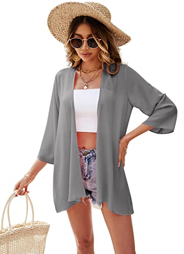 Ietaoo Strickjacke Damen Kimono Cardigan Chiffon Boho 3/4 Arm Leichte Sommerjacke Strand Cover Up Shawl Bluse Dunkelgrau L von Ietaoo