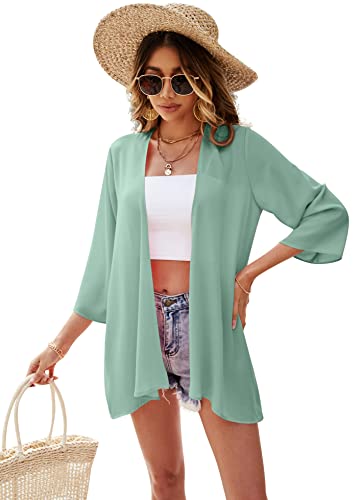 Ietaoo Strickjacke Damen Kimono Cardigan Chiffon Boho 3/4 Arm Leichte Sommerjacke Strand Cover Up Shawl Bluse Grün M von Ietaoo