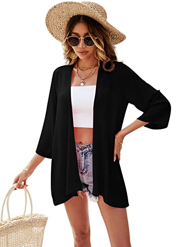 Ietaoo Strickjacke Damen Kimono Cardigan Chiffon Boho 3/4 Arm Leichte Sommerjacke Strand Cover Up Shawl Bluse, Solide Schwarz, Gr. L von Ietaoo