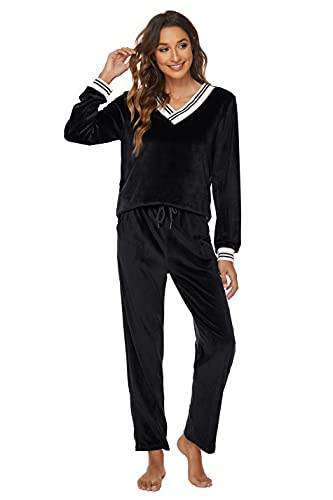 Ietaoo Velours Trainingsanzug Damen Schlafanzug Zweiteilige Jogginganzug Sportanzug Winter V Ausschnitt Pullover und Hose Nicki Hausanzug Pyjama Set Schwarz XL von Ietaoo