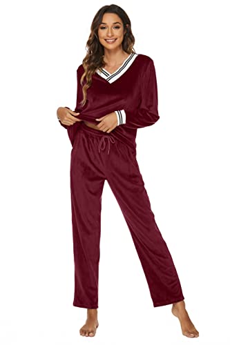 Ietaoo Velours Trainingsanzug Damen Schlafanzug Zweiteilige Jogginganzug Sportanzug Winter V Ausschnitt Pullover und Hose Nicki Hausanzug Pyjama Set Weinrot M von Ietaoo