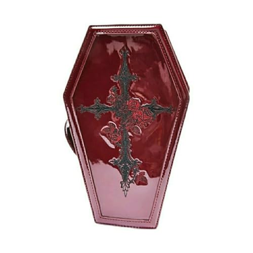 Goth Make-up-Beutel mit Cross-Embrodered großer Leder-Make-up-Tasche mit großer Kapazität 10x5x3 ästhetischer Retro Gothic Cosmetic Punk Coffin Handtaschen zum Aufbewahren von Iewroyt