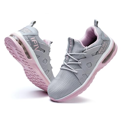 Ifivky Damen Arbeitsschuhe mit Stahlkappe, grau, mit Stahlkappe, atmungsaktives Netzgewebe, Luftpolstersohle, rutschfest, lässig, Sommer, solide, Schnürschuhe, Größe 45, GRAU, 38.5 EU von Ifivky