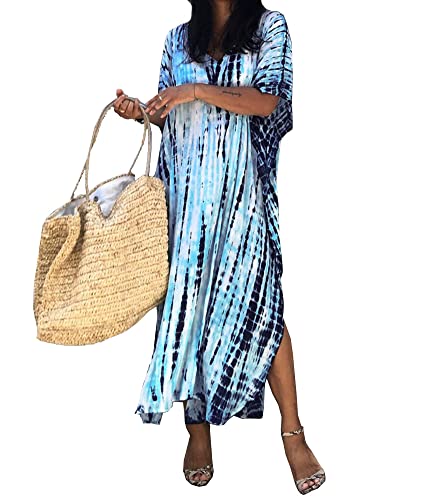 Ifneitve Damen Boho Strandponcho Lange Bikini Cover Ups Sommerkleid Lose Kimono Kaftan Kleid Maxi Strandkleid (Einheitsgröße, Hellblau) von Ifneitve