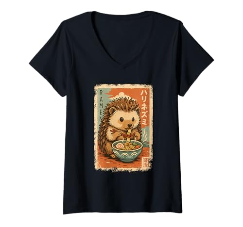 Damen Igel isst Ramen Nudeln Japanisches Vintage T-Shirt mit V-Ausschnitt Damen Igel isst Ramen Nudeln Japanisches Vintage T-Shirt mit V-Ausschnitt von Igel Ramen Nudeln Retro Kawaii Shop