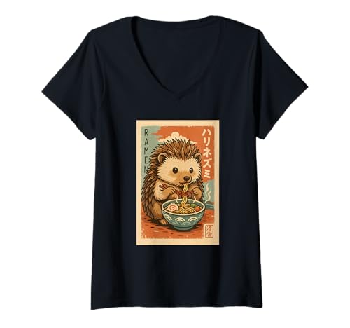 Damen Igel isst Ramen Nudeln Japanisches Vintage T-Shirt mit V-Ausschnitt Damen Igel isst Ramen Nudeln Japanisches Vintage T-Shirt mit V-Ausschnitt von Igel Ramen Nudeln Retro Kawaii Shop