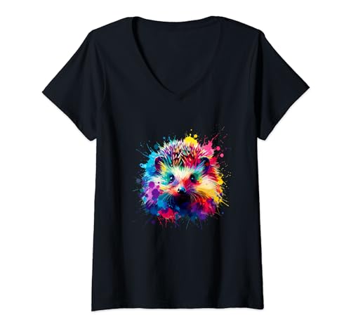 Damen Bunte Spritzkunst-igelliebhaber-igel T-Shirt mit V-Ausschnitt Damen Bunte Spritzkunst-igelliebhaber-igel T-Shirt mit V-Ausschnitt von Igel-geschenk Für Einen Igelliebhaber.