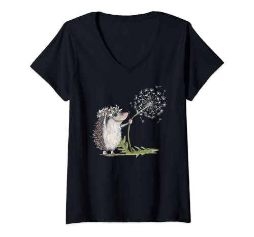 Damen Igel mit Pusteblume T-Shirt mit V-Ausschnitt von Igel mit Blumenstrauss