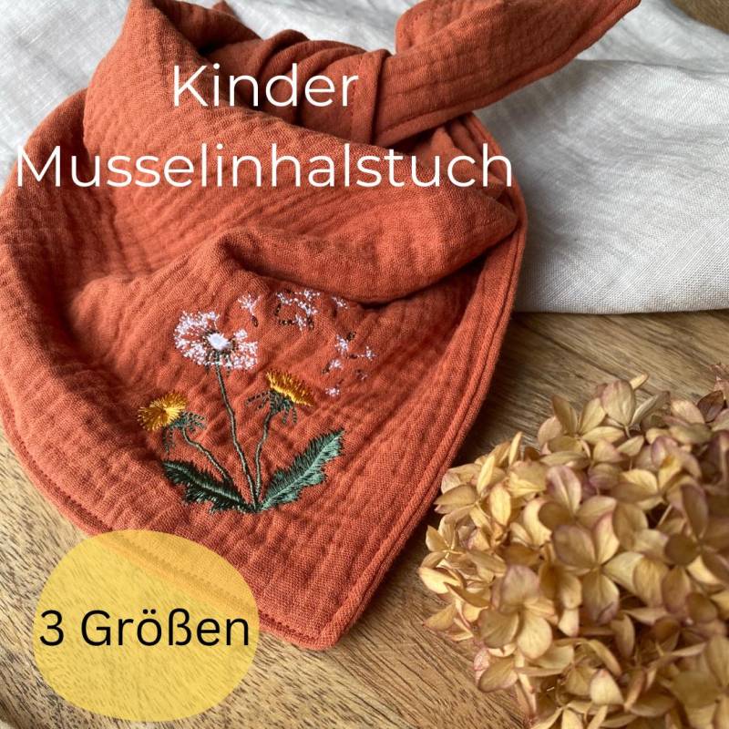 Musselin Tuch Kinder Und Baby | Halstuch Rost Rot Bestickt Mit Löwenzahn Blume Unikat Musselintuch in 3 Verschiedenen Größen von Igelwerkstatt