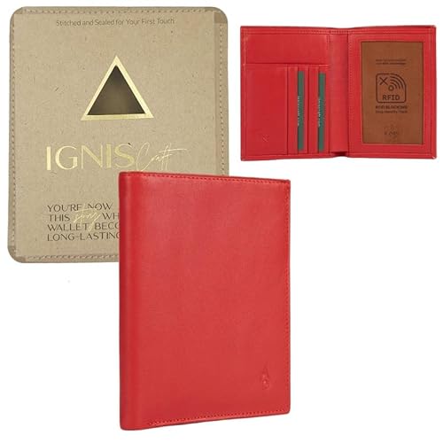 Ignis Craft Reisepasshülle aus Leder – RFID-blockierende Reisebrieftasche, Cruise Essentials – echtes Leder Bifold Holder mit Kartenfächern & Dokumenten-Organizer für Herren, rubinrot, Reisepasshülle von Ignis Craft