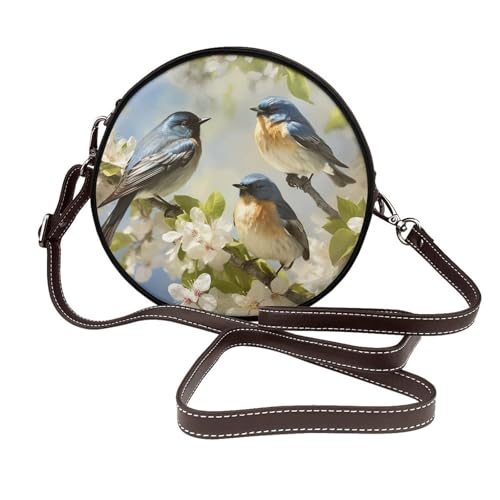 IguaTu Beach Lighthouse Runde Leder-Umhängetasche für Damen mit abnehmbarem Riemen, stilvolle Crossbody-Kreis-Geldbörse, Spring Birds Perchin, Einheitsgröße IguaTu Beach Lighthouse Runde Leder-Umhängetasche für Damen mit abnehmbarem Riemen, stilvolle Crossbody-Kreis-Geldbörse, Spring Birds Perchin, Einheitsgröße von IguaTu