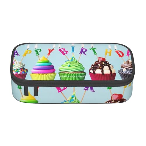 IguaTu Bear Federmäppchen mit großem Fassungsvermögen, für Schule, Schreibwaren-Organizer-Tasche mit Fächern, Reißverschlusstasche, Bunte Cupcakes mit Aufschrift "Happy Birthday", Einheitsgröße von IguaTu