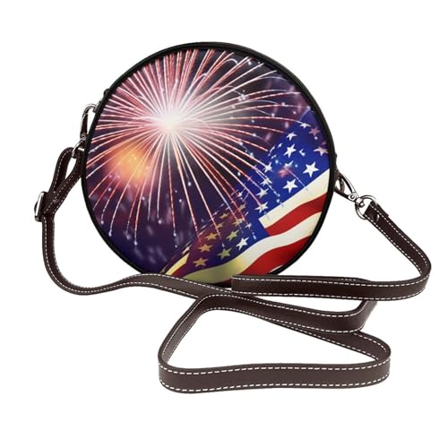 IguaTu Dalmatiner Hund Runde Leder Schultertasche für Frauen mit abnehmbarem Riemen, stilvolle Crossbody Circle Geldbörse, Flagge Feuerwerk, Einheitsgröße IguaTu Dalmatiner Hund Runde Leder Schultertasche für Frauen mit abnehmbarem Riemen, stilvolle Crossbody Circle Geldbörse, Flagge Feuerwerk, Einheitsgröße von IguaTu