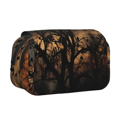 IguaTu Doppelschichtiges Federmäppchen, Oxford-Stoff, Stifteetui mit Reißverschluss und Klappe, große Kapazität, Schreibwarentasche für Schule, Büro, Reisen, Schwarze Krähe mit Vögeln, Einheitsgröße von IguaTu