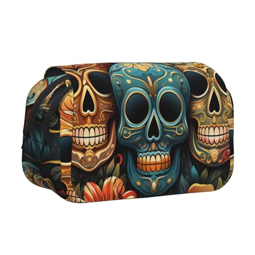 IguaTu Doppelschichtiges Federmäppchen, Oxford-Stoff, Stifteetui mit Reißverschluss und Klappe, große Kapazität, Schreibwarentasche für Schule, Büro, Reisen, Sugar Skulls, Einheitsgröße von IguaTu