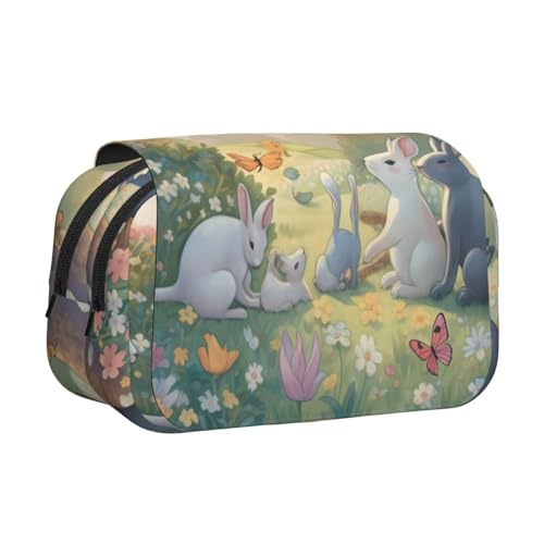 IguaTu Doppelschichtiges Federmäppchen mit Leopardenmuster, Oxford-Stoff, Stifttasche mit Reißverschluss und Klappe, große Kapazität, Schreibwarentasche für Schule, Büro, Reisen, Blumen Hase Vögel von IguaTu