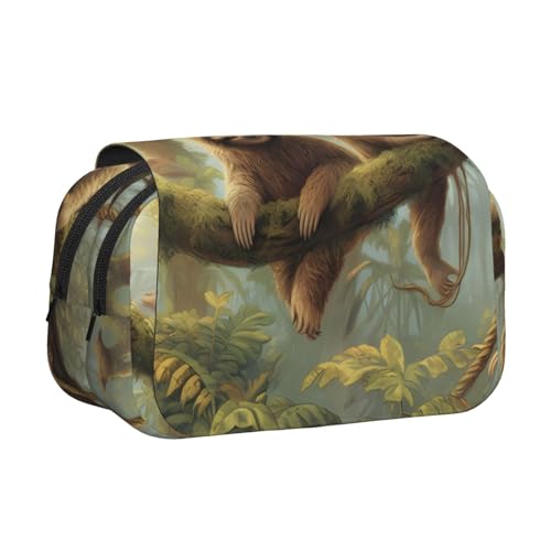 IguaTu Doppelschichtiges Federmäppchen mit Sonnenblumen-Flagge aus Oxford-Stoff mit Reißverschluss und Klappe, große Kapazität, Schreibwarentasche für Schule, Büro, Reisen, Faultier Family2 von IguaTu