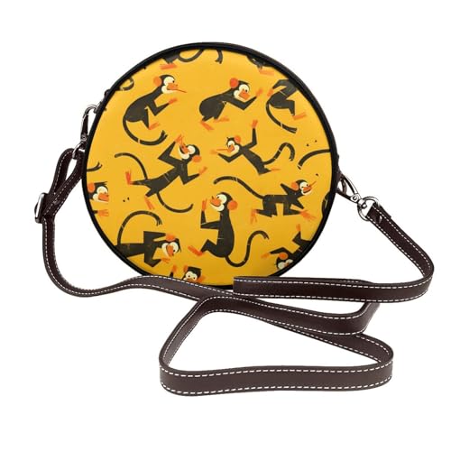 IguaTu England Symbols Runde Leder-Umhängetasche für Damen mit abnehmbarem Riemen, stilvolle Crossbody-Kreis-Geldbörse, Black Gibbon Monkey2, Einheitsgröße von IguaTu