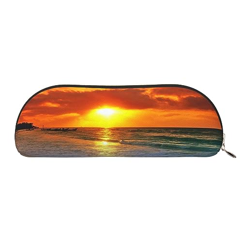 IguaTu Federmäppchen aus Leder, Motiv: Strand mit Sonnenuntergang, Kosmetiktasche mit glattem Reißverschluss, Münztasche, Bürobedarf, Organizer, gold, Einheitsgröße, Schulranzen von IguaTu