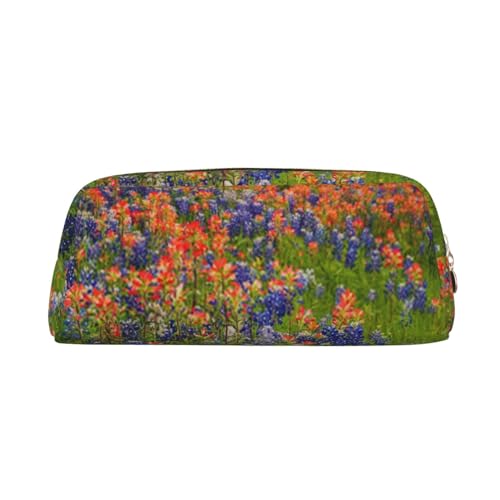 IguaTu Federmäppchen mit niedlichem Hahn und Hühnern, Leder, mit Reißverschluss, dreidimensionales Federmäppchen, große Kapazität, Kosmetiktasche, Schreibwaren-Tasche, Texas Bluebonnets Landschaft, von IguaTu