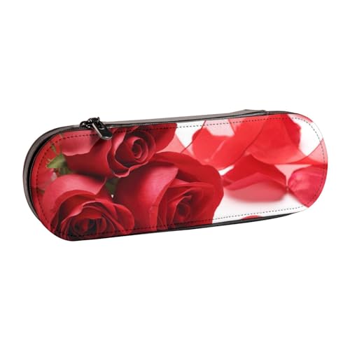 IguaTu Federmäppchen und Make-up-Organizer aus Leder mit Rosen- und rotem Blütenblatt, wasserdichte Kosmetiktasche mit Reißverschluss, kompakte Reise-Stifttasche für Schule, Büro, Rose und rote von IguaTu