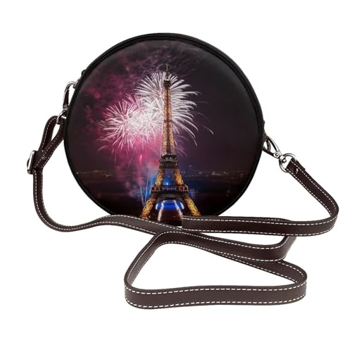 IguaTu Foto von Brooklyn Bridge runde Leder-Umhängetasche für Damen mit abnehmbarem Riemen, stilvolle Crossbody-Kreis-Geldbörse, Eiffelturm Feuerwerk, Einheitsgröße IguaTu Foto von Brooklyn Bridge runde Leder-Umhängetasche für Damen mit abnehmbarem Riemen, stilvolle Crossbody-Kreis-Geldbörse, Eiffelturm Feuerwerk, Einheitsgröße von IguaTu