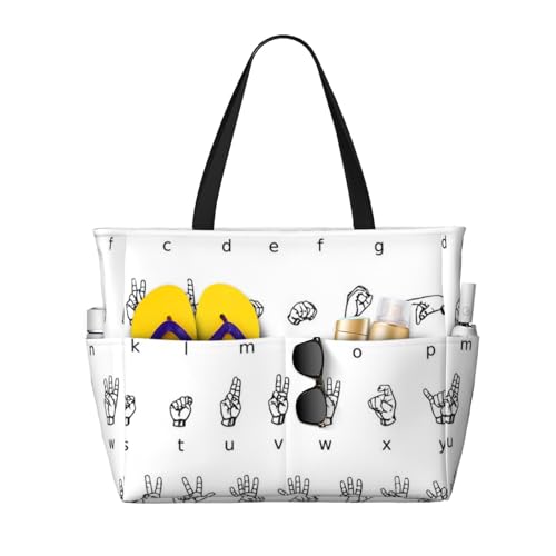 IguaTu Große wasserdichte Strandtasche für Damen, mit Reißverschluss und Tasche, für Reisen, Einkaufen, Pool (niedlicher Pinguin), Gebärdensprache Alphabet, Einheitsgröße von IguaTu