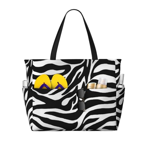 IguaTu Große wasserdichte Strandtasche für Damen, mit Reißverschluss und Tasche, für Reisen, Einkaufen, Pool (niedlicher Pinguin), Zebramuster, Einheitsgröße von IguaTu