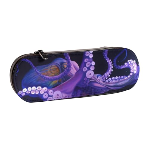 IguaTu Loon Birds Hartschalen-Federmäppchen und Make-up-Organizer aus Leder, wasserdichte Kosmetiktasche mit Reißverschluss, kompakte Reise-Stifttasche für Schule, Büro, Lila Oktopus, Einheitsgröße von IguaTu