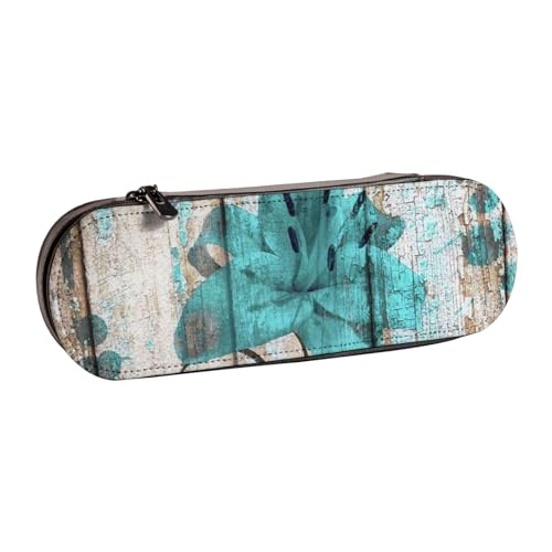 IguaTu Mid Century Modernes Hartschalen-Federmäppchen und Make-up-Organizer – wasserdichte Kosmetikpinseltasche mit Reißverschluss, kompakte Reise-Stifttasche für Schule, Büro, Blaugrüne Blume auf von IguaTu