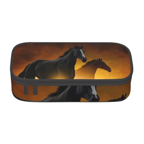 IguaTu Pferde Große Kapazität Federmäppchen für Schule Schreibwaren Organizer Tasche mit Fächern Reißverschlusstasche, Schwarze Pferde, rote leuchtende Wolken, Einheitsgröße, Kosmetikkoffer von IguaTu