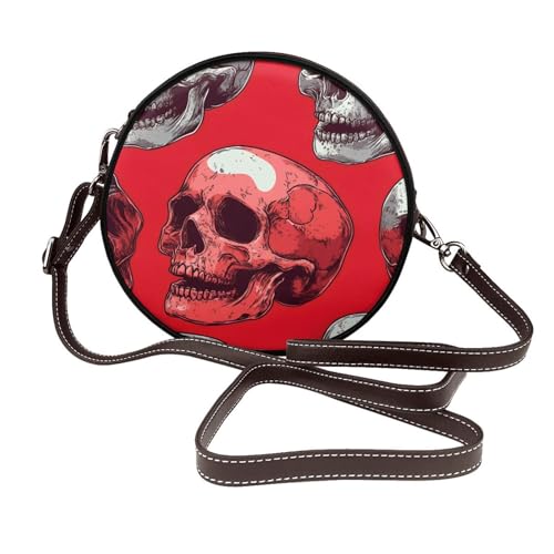 IguaTu Rote Totenköpfe runde Leder-Umhängetasche für Damen mit abnehmbarem Riemen, stilvolle Crossbody-Kreis-Geldbörse, Rote Totenköpfe, Einheitsgröße IguaTu Rote Totenköpfe runde Leder-Umhängetasche für Damen mit abnehmbarem Riemen, stilvolle Crossbody-Kreis-Geldbörse, Rote Totenköpfe, Einheitsgröße von IguaTu