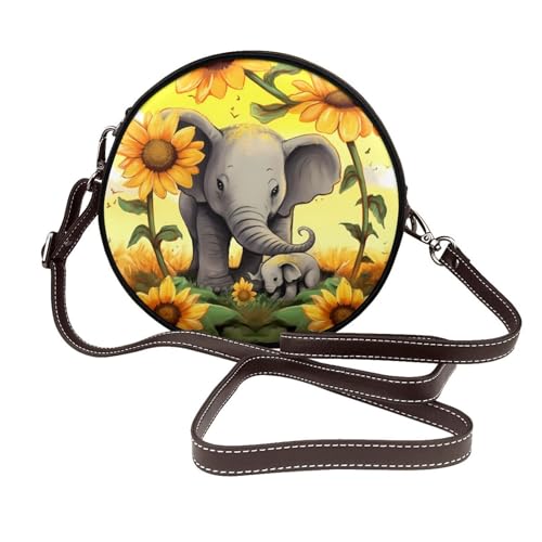 IguaTu Schultertasche für Damen mit abnehmbarem Riemen, Motiv: Elefant und Sonnenblumen, aus Leder, mit abnehmbarem Riemen, stilvolle Umhängetasche, runde Geldbörse, Mutter und Baby Elefant IguaTu Schultertasche für Damen mit abnehmbarem Riemen, Motiv: Elefant und Sonnenblumen, aus Leder, mit abnehmbarem Riemen, stilvolle Umhängetasche, runde Geldbörse, Mutter und Baby Elefant von IguaTu