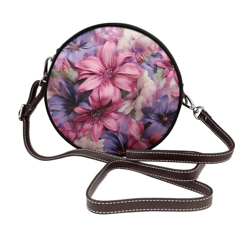 IguaTu Wolf at night Runde Leder-Umhängetasche für Damen mit abnehmbarem Riemen, stilvolle Crossbody-Kreis-Geldbörse, Lila und rosa Blumen, Einheitsgröße IguaTu Wolf at night Runde Leder-Umhängetasche für Damen mit abnehmbarem Riemen, stilvolle Crossbody-Kreis-Geldbörse, Lila und rosa Blumen, Einheitsgröße von IguaTu