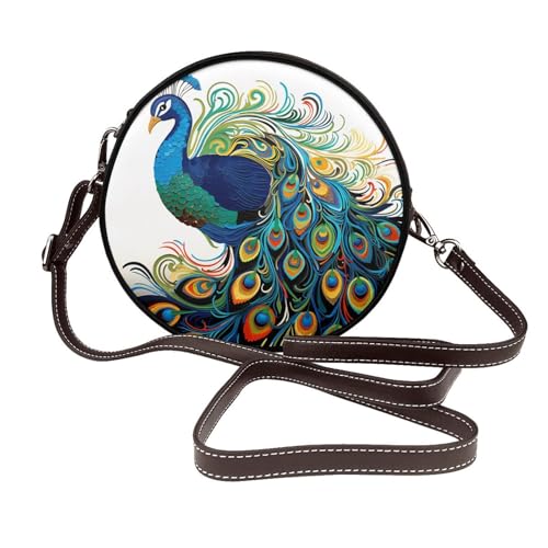 IguaTu Wolf at night Runde Leder-Umhängetasche für Damen mit abnehmbarem Riemen, stilvolle Crossbody-Kreis-Geldbörse, Pfauenmuster, Einheitsgröße IguaTu Wolf at night Runde Leder-Umhängetasche für Damen mit abnehmbarem Riemen, stilvolle Crossbody-Kreis-Geldbörse, Pfauenmuster, Einheitsgröße von IguaTu