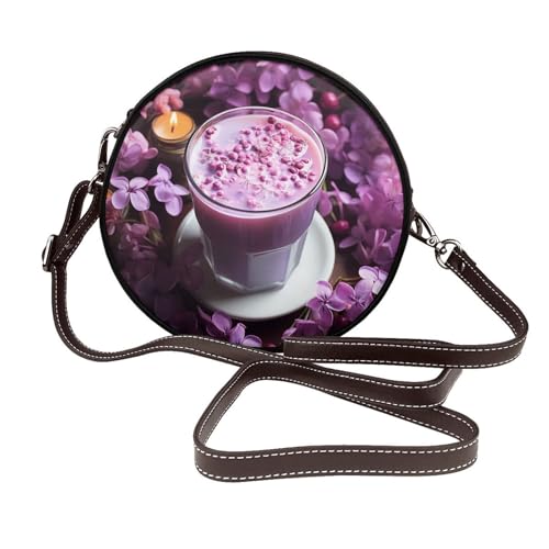 IguaTu Wolf at night Runde Leder-Umhängetasche für Damen mit abnehmbarem Riemen, stilvolle Crossbody-Kreis-Geldbörse, Purple Flowers Drink, Einheitsgröße IguaTu Wolf at night Runde Leder-Umhängetasche für Damen mit abnehmbarem Riemen, stilvolle Crossbody-Kreis-Geldbörse, Purple Flowers Drink, Einheitsgröße von IguaTu