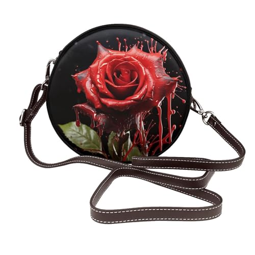 IguaTu Wolf at night Runde Leder-Umhängetasche für Damen mit abnehmbarem Riemen, stilvolle Crossbody-Kreis-Geldbörse, Rose mit roten Spritzern, Einheitsgröße IguaTu Wolf at night Runde Leder-Umhängetasche für Damen mit abnehmbarem Riemen, stilvolle Crossbody-Kreis-Geldbörse, Rose mit roten Spritzern, Einheitsgröße von IguaTu