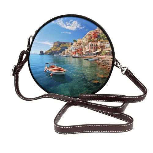 IguaTu Wolf at night Runde Leder-Umhängetasche für Damen mit abnehmbarem Riemen, stilvolle Crossbody-Kreis-Geldbörse, Seaside Town, Einheitsgröße IguaTu Wolf at night Runde Leder-Umhängetasche für Damen mit abnehmbarem Riemen, stilvolle Crossbody-Kreis-Geldbörse, Seaside Town, Einheitsgröße von IguaTu