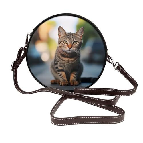 IguaTu Zebra und Blumen Runde Leder-Umhängetasche für Damen mit abnehmbarem Riemen, stilvolle Crossbody-Geldbörse, Braunes getigertes Kätzchen, Einheitsgröße IguaTu Zebra und Blumen Runde Leder-Umhängetasche für Damen mit abnehmbarem Riemen, stilvolle Crossbody-Geldbörse, Braunes getigertes Kätzchen, Einheitsgröße von IguaTu