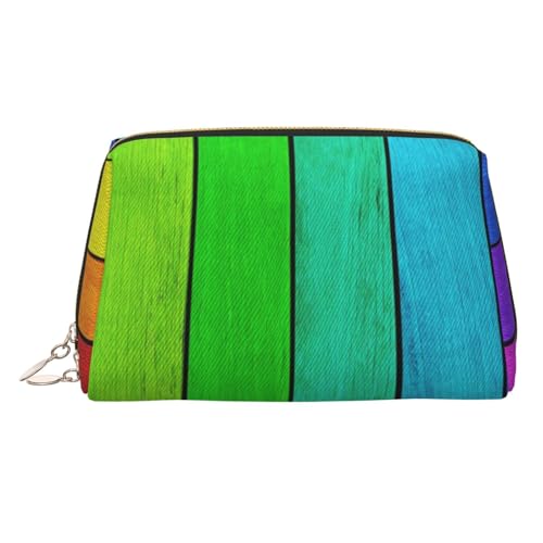 Kosmetiktasche aus Leder mit Weihnachtsverzierung, Reise-Kulturbeutel, tragbare PVC-Kosmetiktasche für Damen, Regenbogenfarbener Holzhintergrund, Einheitsgröße von IguaTu