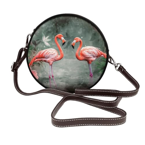Romantic Love's Runde Leder-Umhängetasche für Damen mit abnehmbarem Riemen, stilvolle Crossbody-Kreis-Geldbörse, Zwei rote Flamingos, Einheitsgröße Romantic Love's Runde Leder-Umhängetasche für Damen mit abnehmbarem Riemen, stilvolle Crossbody-Kreis-Geldbörse, Zwei rote Flamingos, Einheitsgröße von IguaTu