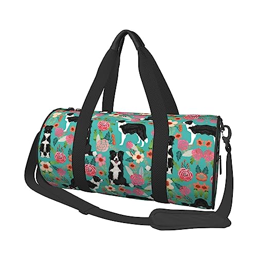 Runde Reisetasche Faltbare Sporttasche Große Kapazität Schwarz Weiß Polka Dot Übernachtungstasche Geeignet für Männer und Frauen, Border Collie Florals, Einheitsgröße von IguaTu