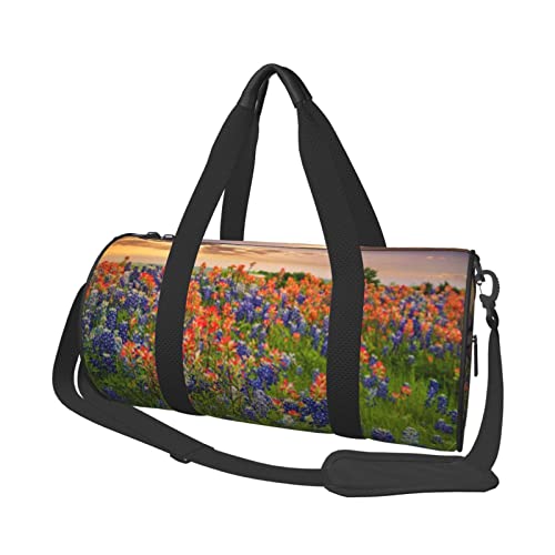 Runde Reisetasche Faltbare Sporttasche Große Kapazität Senfgelb Übernachtungstasche Geeignet für Männer und Frauen, Texas Bluebonnets Landschaft, Einheitsgröße von IguaTu