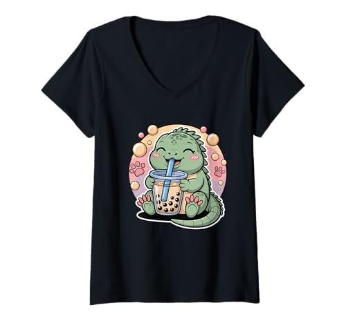 Damen Iguana Boba Tea Bubble Tea Anime Kawaii T-Shirt mit V-Ausschnitt Damen Iguana Boba Tea Bubble Tea Anime Kawaii T-Shirt mit V-Ausschnitt von Iguana Boba Tea Lizard Lover Cute Bubble Tea